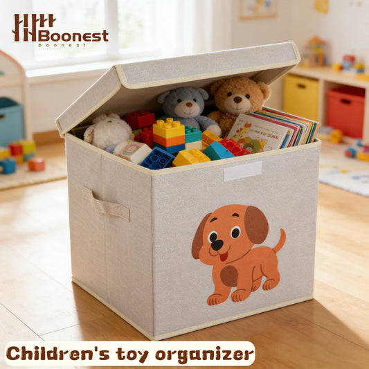 Foldable Linen Fabric Toy Storage Box with Cute Animal Print