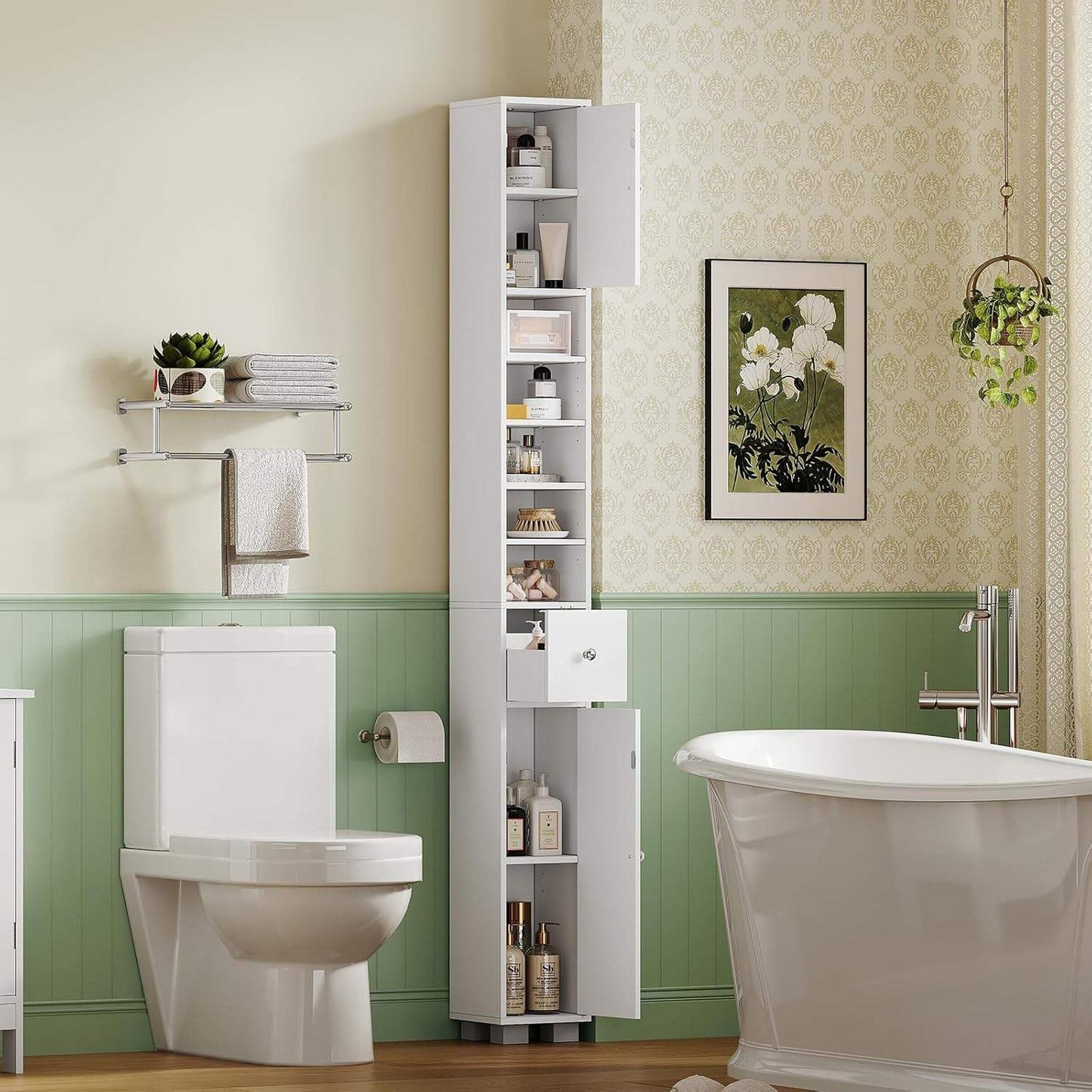 Slim Bathroom Storage Cabinet with Adjustable Shelves and Drawer