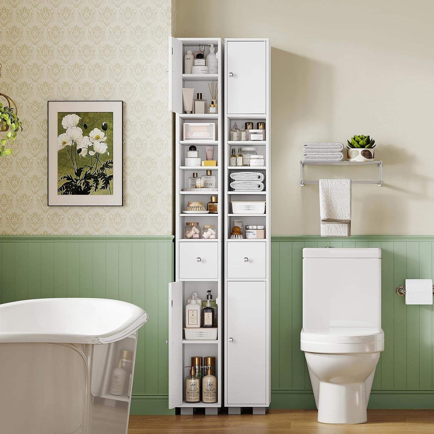 Slim Bathroom Storage Cabinet with Adjustable Shelves and Drawer