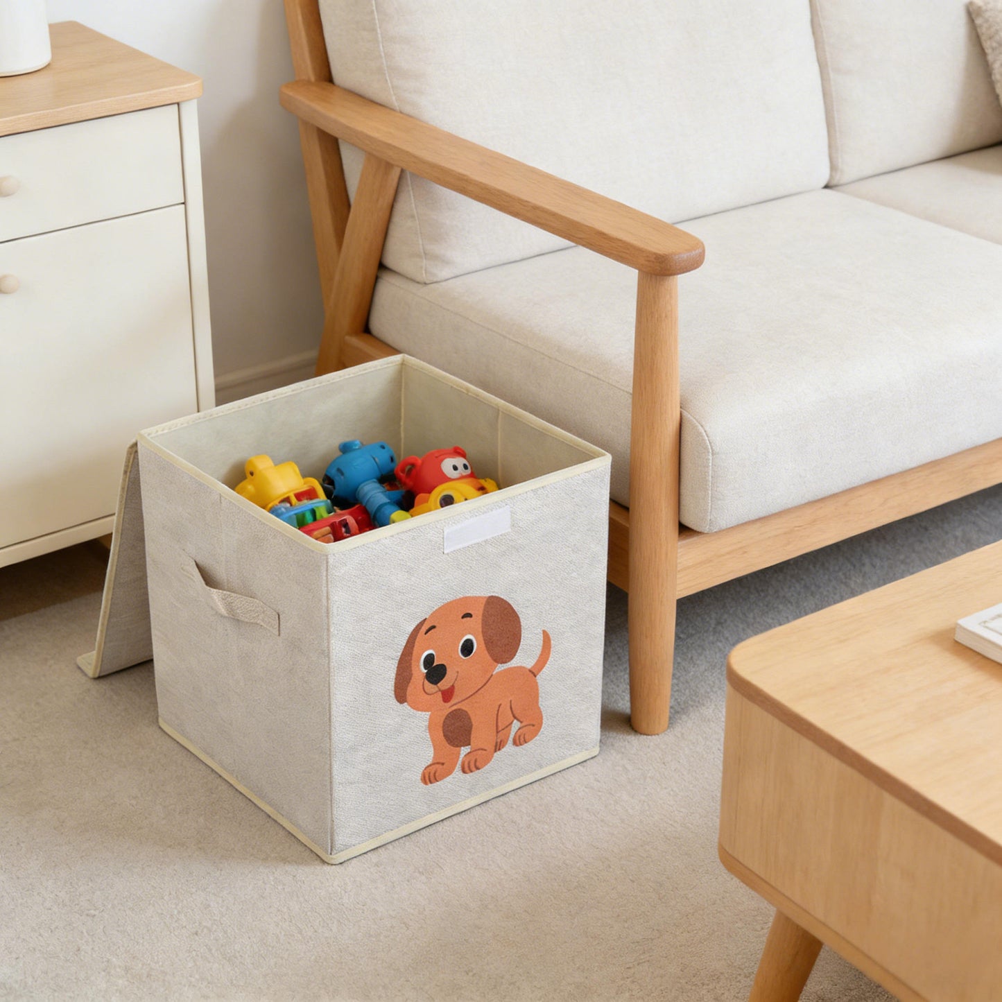 Foldable Linen Fabric Toy Storage Box with Cute Animal Print