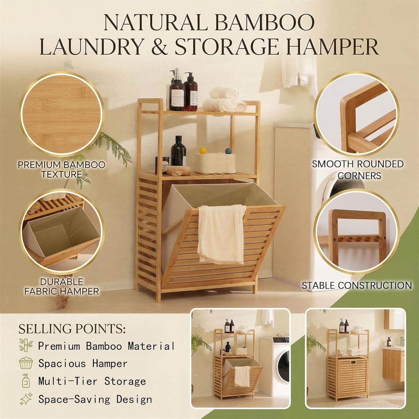 Bamboo Laundry Basket with Open Shelves and Lid