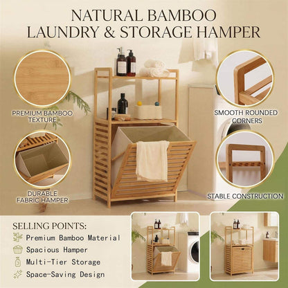 Bamboo Laundry Basket with Open Shelves and Lid