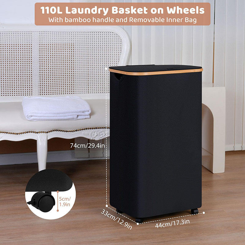 Foldable Laundry Basket with Wheels and Lid 110L Capacity
