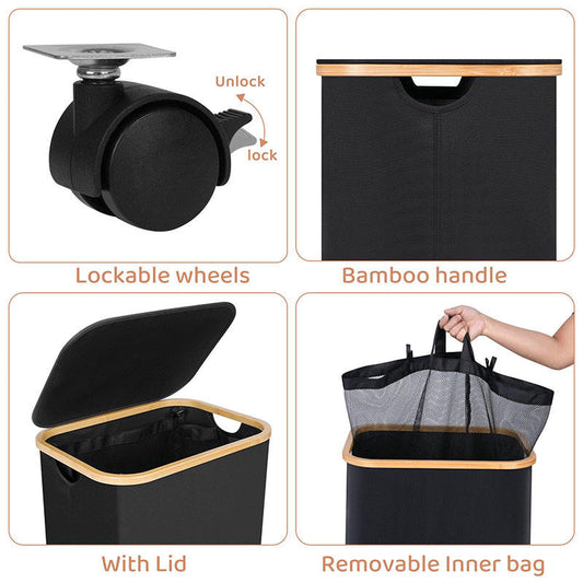 Foldable Laundry Basket with Wheels and Lid 110L Capacity