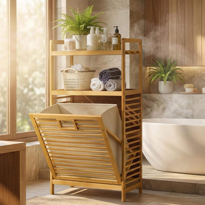 Bamboo Laundry Basket with Open Shelves and Lid
